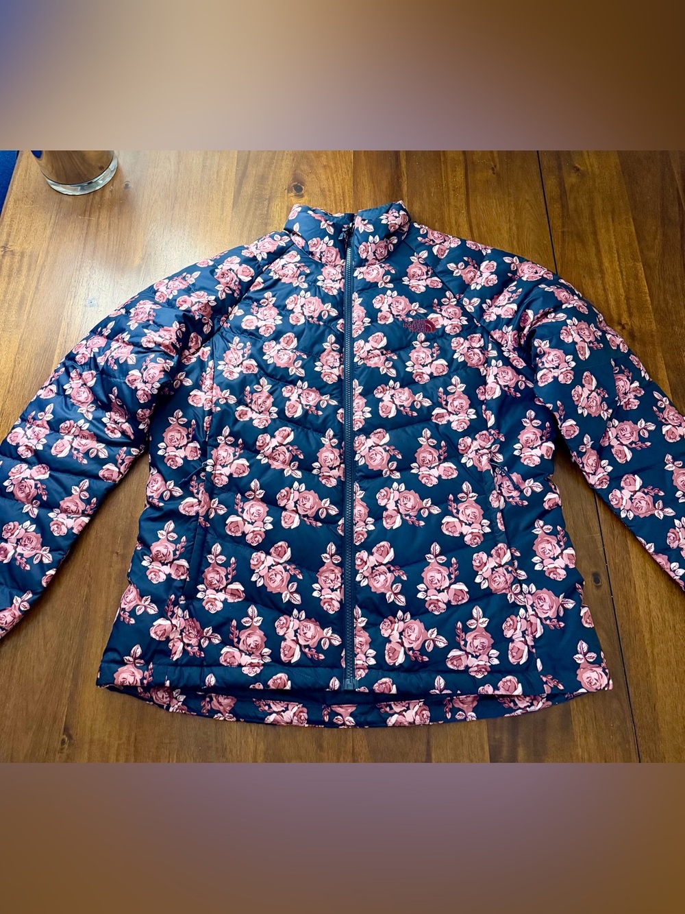 The North Face Floral Navy Puffer Jacket with Pink Rose Print